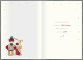 Christmas Greeting Card for Daughter and Partner – Cute Boofle Holding Gifts Festive Design